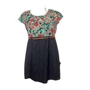 ALYX Dress Turqoise Floral/Denim Ruffle Cap Sleeve w/ Empire Waist Belt Size 14